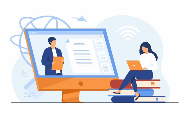 Female student listening webinar online