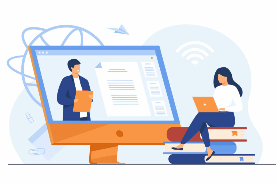 Female student listening webinar online