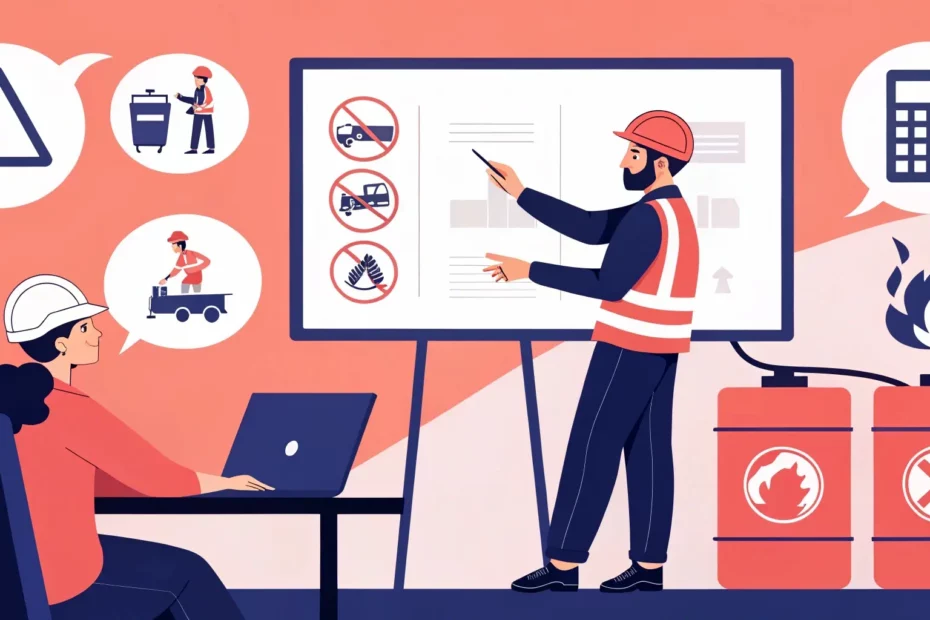 Illustration de la prévention des risques professionnels en entreprise : employés en EPI, formation sécurité et signalisation des dangers.